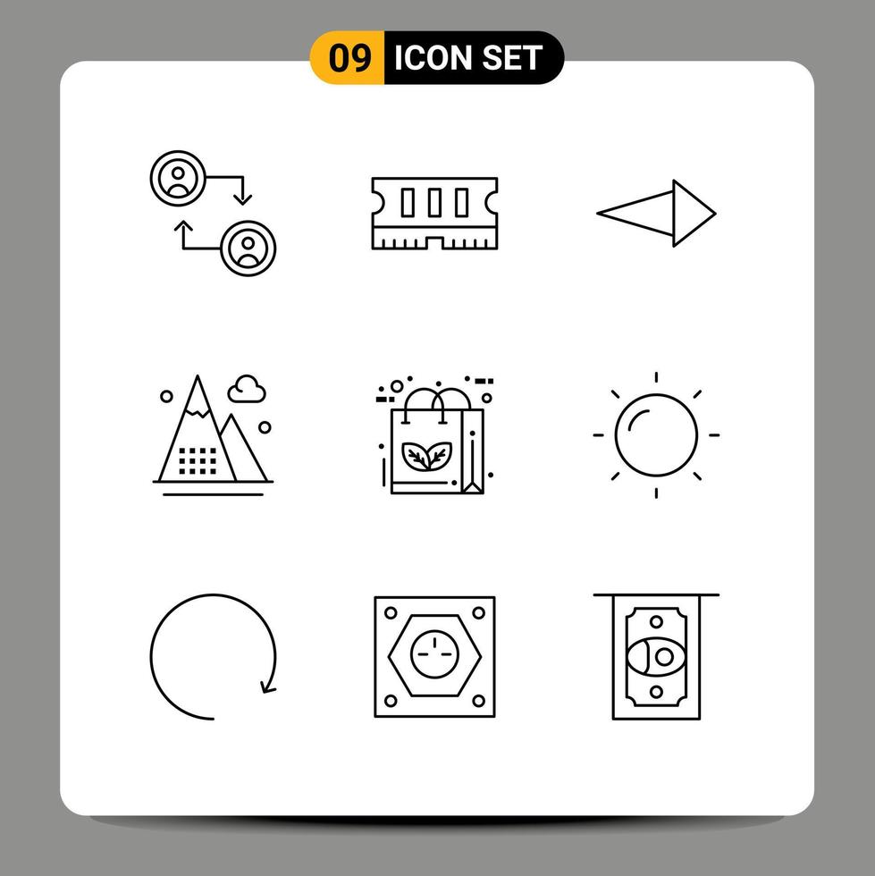 conjunto de 9 iconos modernos de la interfaz de usuario símbolos signos para la naturaleza eco próxima bolsa montañas elementos de diseño vectorial editables vector