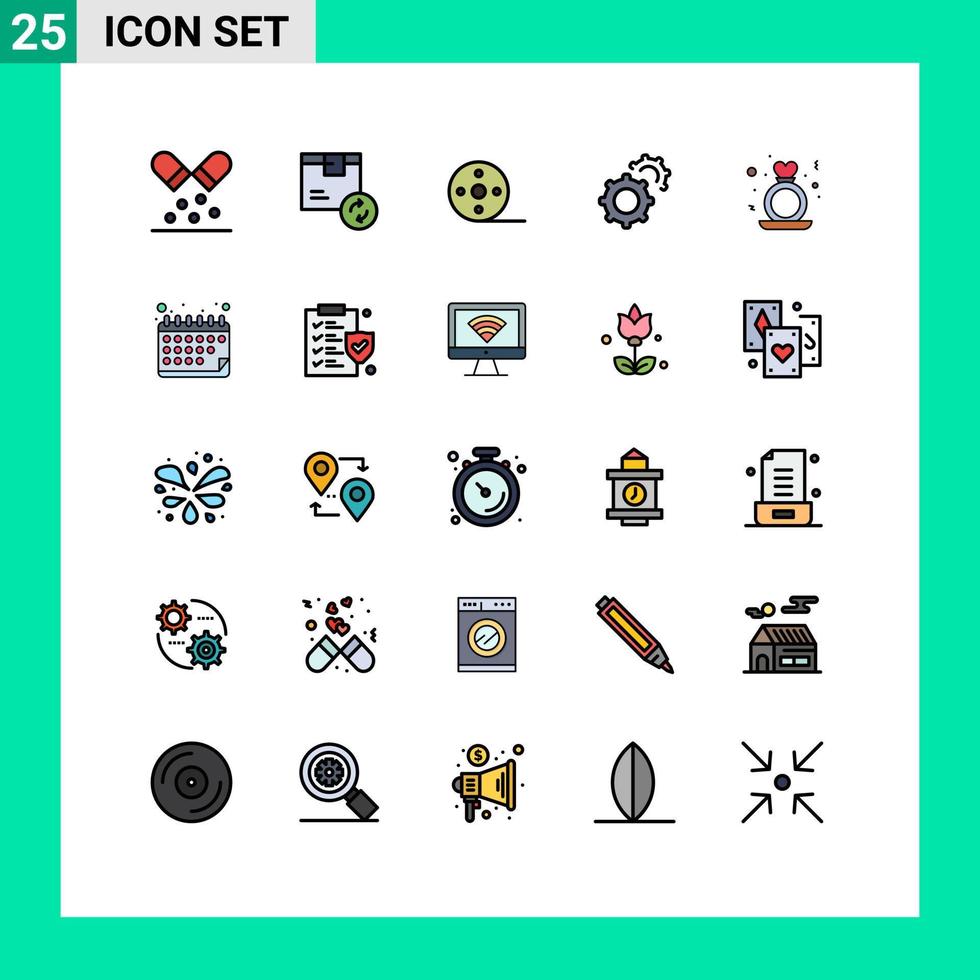 Group of 25 Filled line Flat Colors Signs and Symbols for heart setting shipping gears reel Editable Vector Design Elements