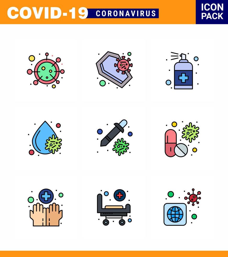 Covid19 icon set for infographic 9 Filled Line Flat Color pack such as fever blood infection soap hand viral coronavirus 2019nov disease Vector Design Elements