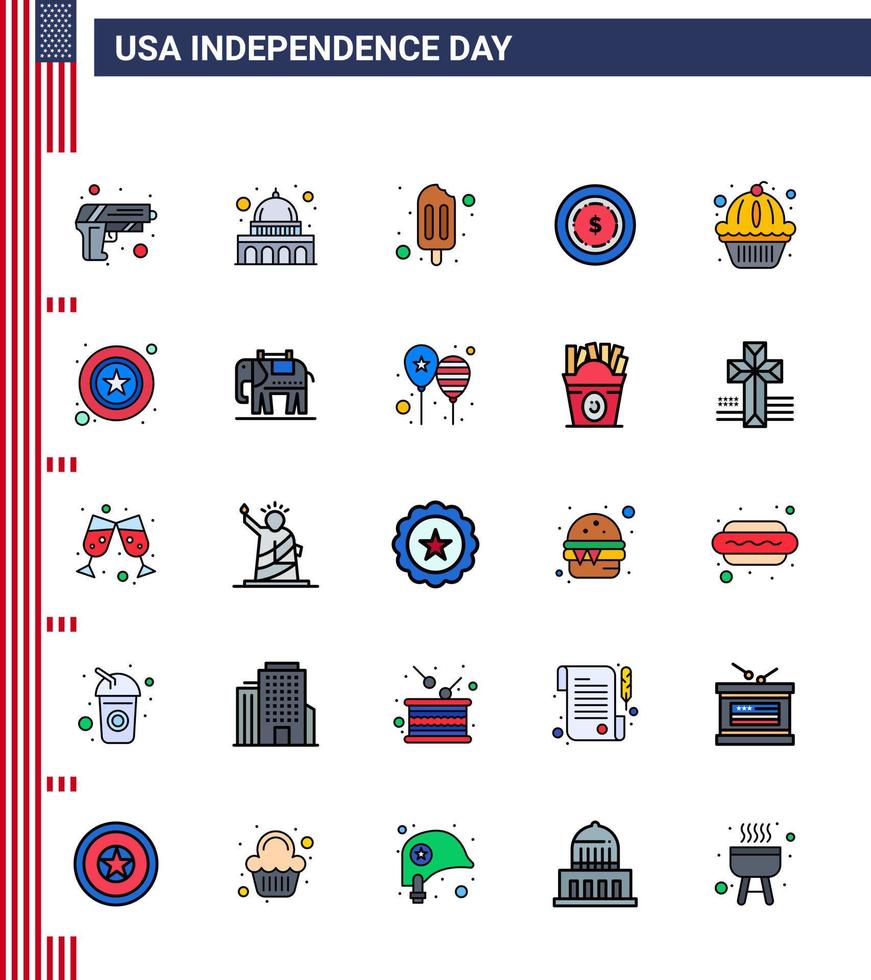Set of 25 Modern Flat Filled Lines pack on USA Independence Day cake muffin ice cream american dollar Editable USA Day Vector Design Elements
