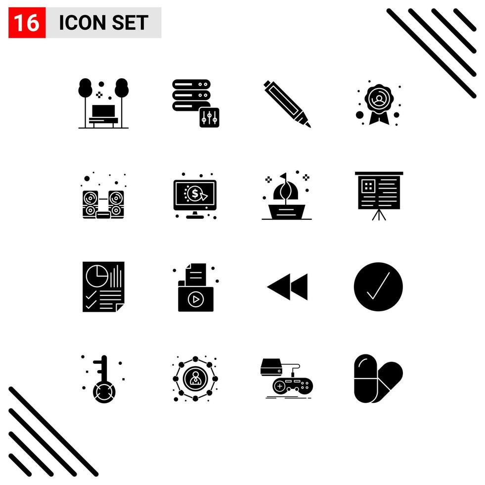 Solid Glyph Pack of 16 Universal Symbols of speaker hardware education computer quality badge Editable Vector Design Elements