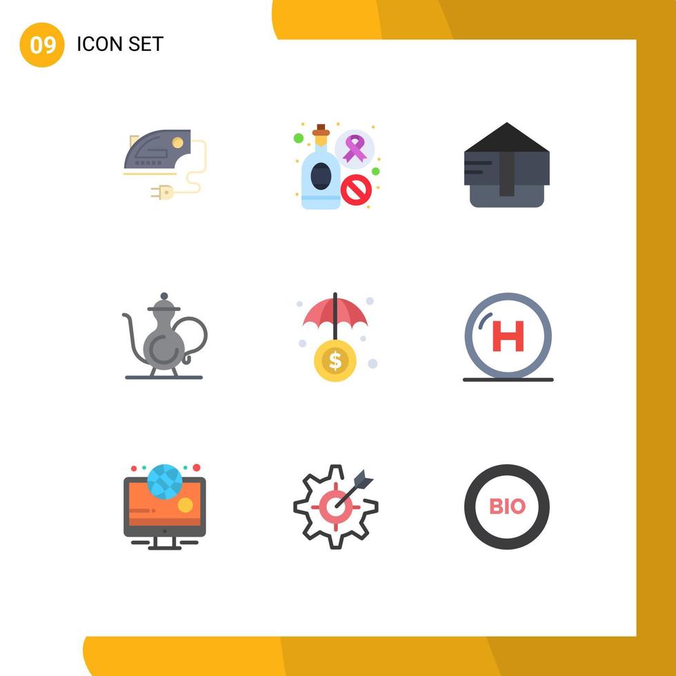 Mobile Interface Flat Color Set of 9 Pictograms of investment religion bag ramadan cup Editable Vector Design Elements