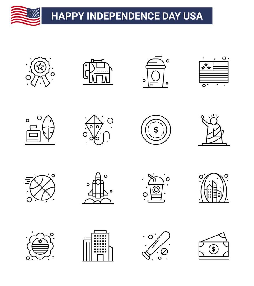 Set of 16 Vector Lines on 4th July USA Independence Day such as ink bottle adobe cole usa country Editable USA Day Vector Design Elements