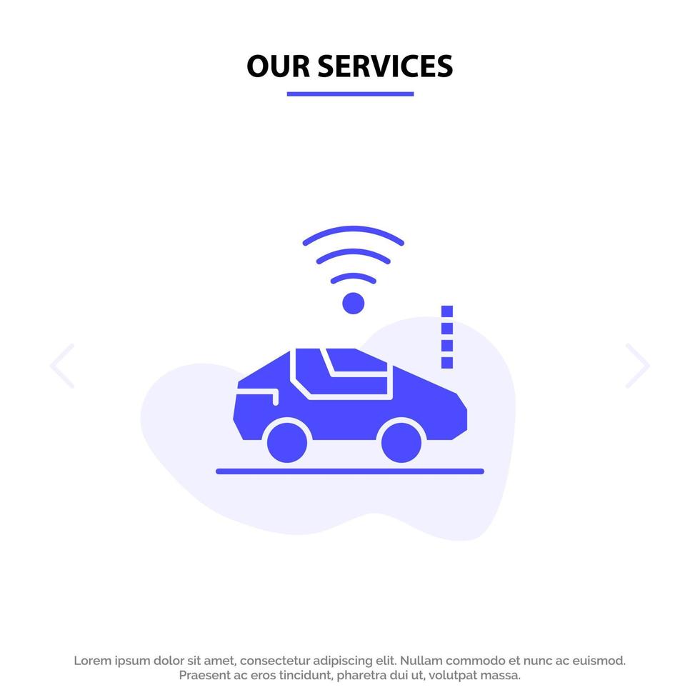 nuestros servicios auto coche señal wifi icono de glifo sólido plantilla de tarjeta web vector