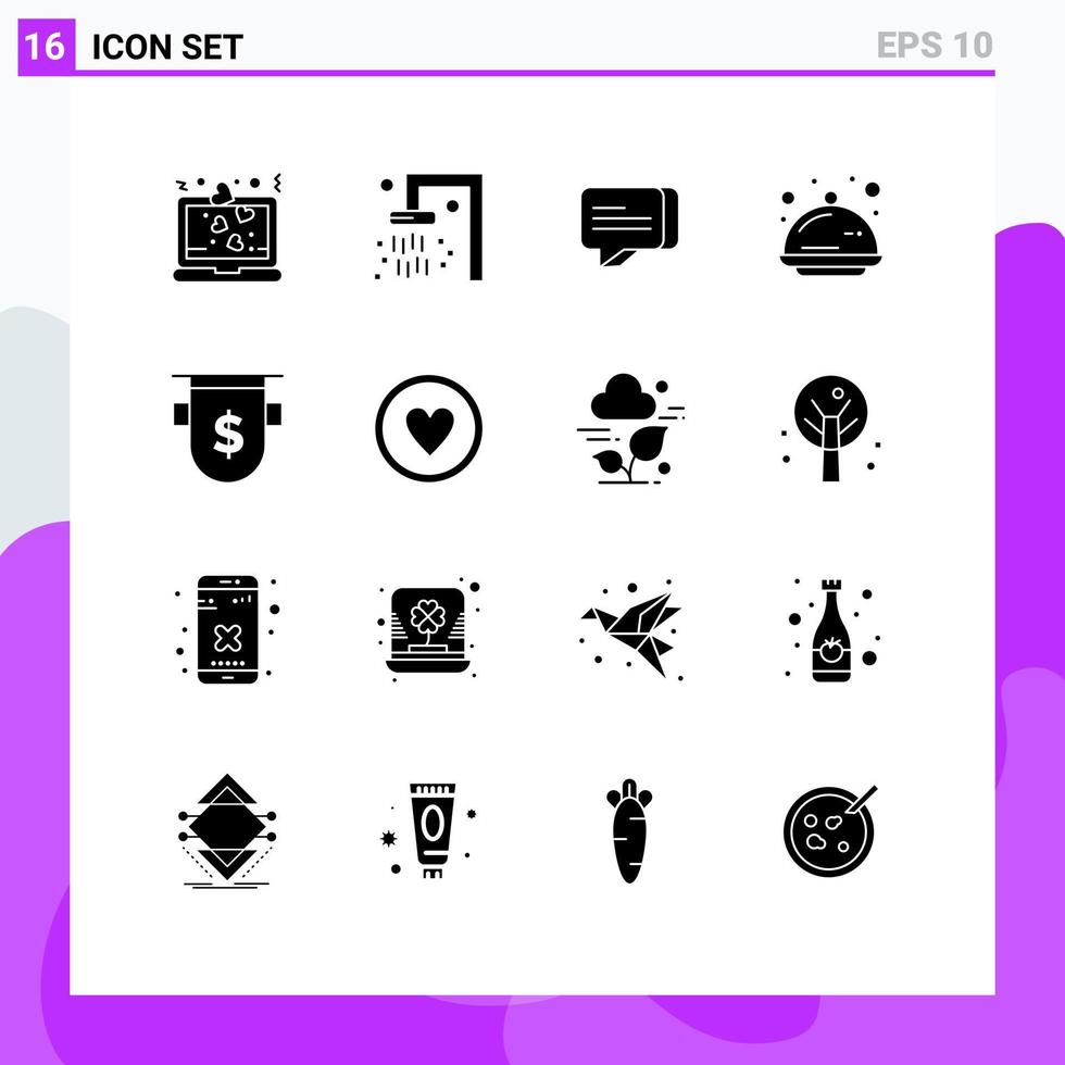 Group of 16 Modern Solid Glyphs Set for currency badges communication celebration tray Editable Vector Design Elements