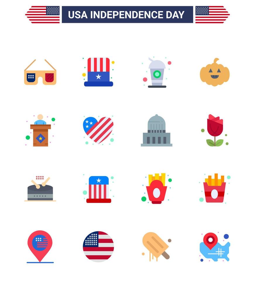 usa feliz día de la independencia pictograma conjunto de 16 pisos simples de etapa usa botella usa calabaza elementos de diseño vectorial editables del día de usa vector