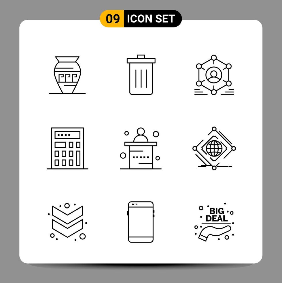 9 Black Icon Pack Outline Symbols Signs for Responsive designs on white background 9 Icons Set Creative Black Icon vector background