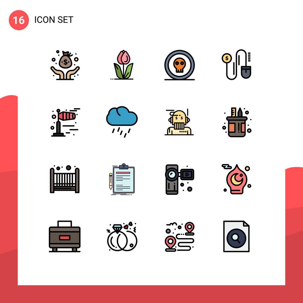 Flat Color Filled Line Pack of 16 Universal Symbols of windy dollar rose mouse horror Editable Creative Vector Design Elements