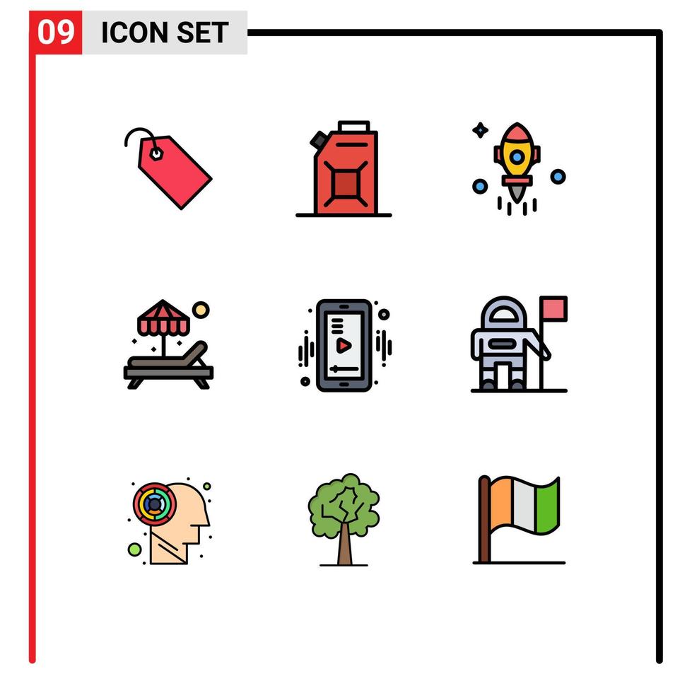 9 Thematic Vector Filledline Flat Colors and Editable Symbols of video mobile rocket media paradise Editable Vector Design Elements