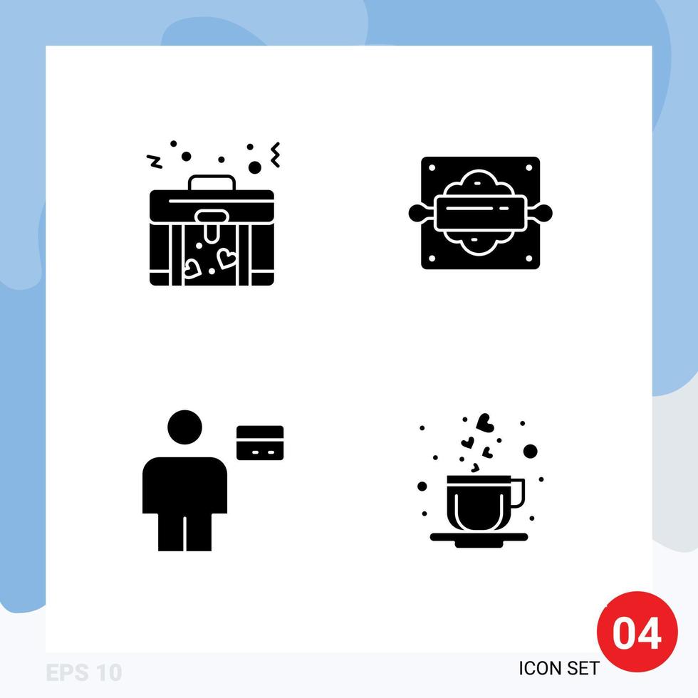Modern Set of 4 Solid Glyphs Pictograph of bag card bakery bread rolling pin debit Editable Vector Design Elements