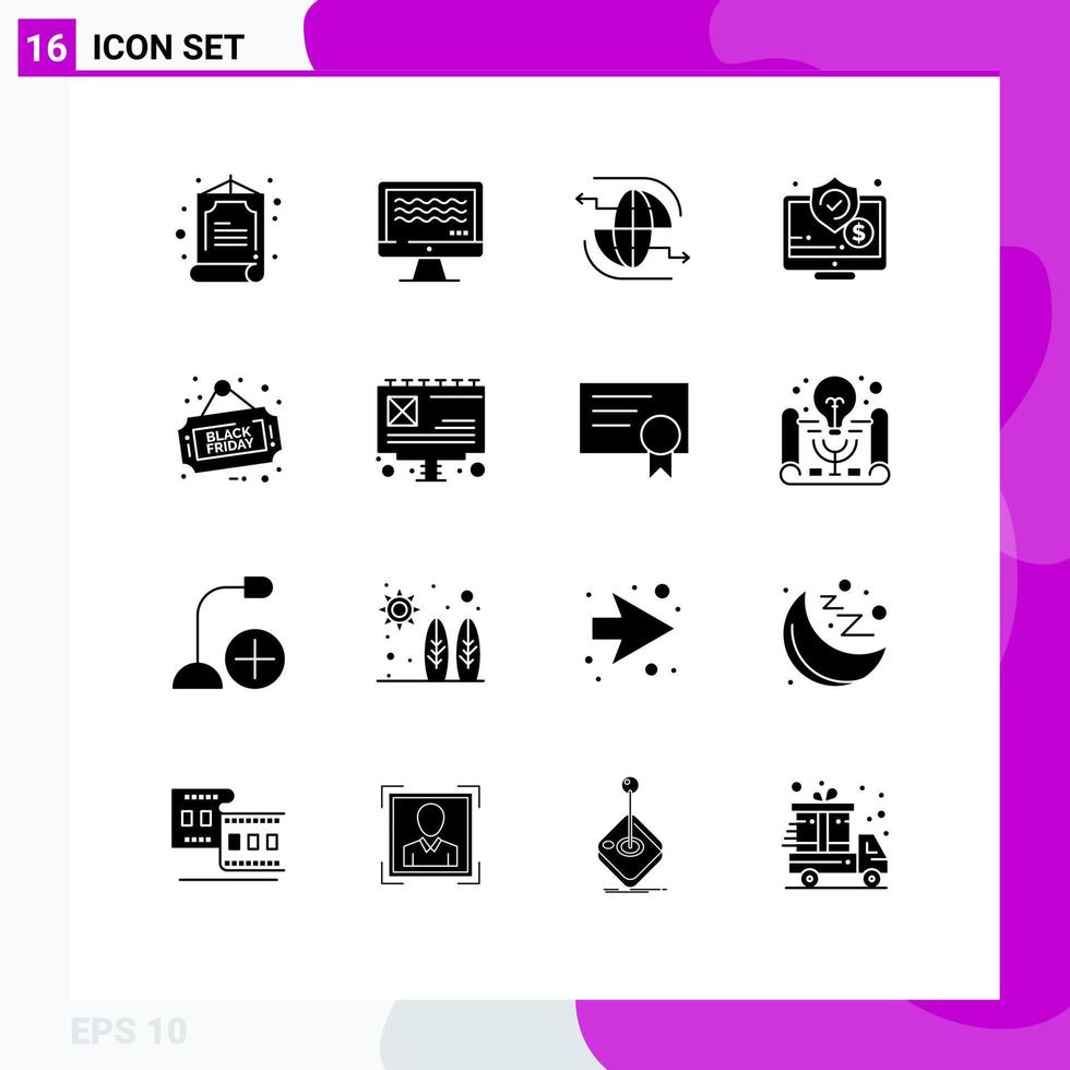 Set of 16 Vector Solid Glyphs on Grid for sign screen globe online money Editable Vector Design Elements