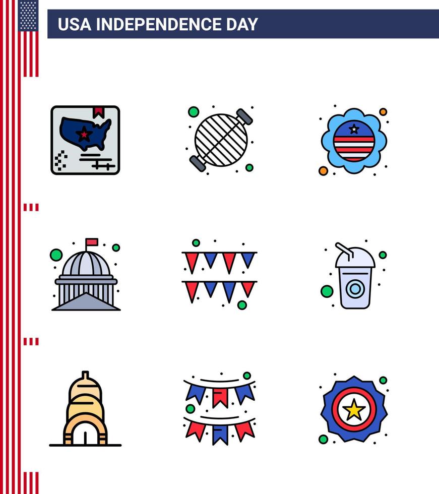 9 USA Flat Filled Line Pack of Independence Day Signs and Symbols of white landmark party house badge Editable USA Day Vector Design Elements