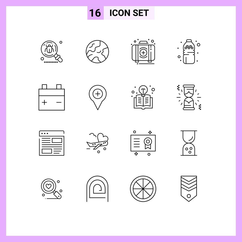 Set of 16 Modern UI Icons Symbols Signs for vehicles water aid drink box Editable Vector Design Elements