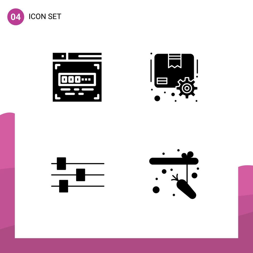 Editable Vector Line Pack of 4 Simple Solid Glyphs of code tool box gear fishing rod Editable Vector Design Elements