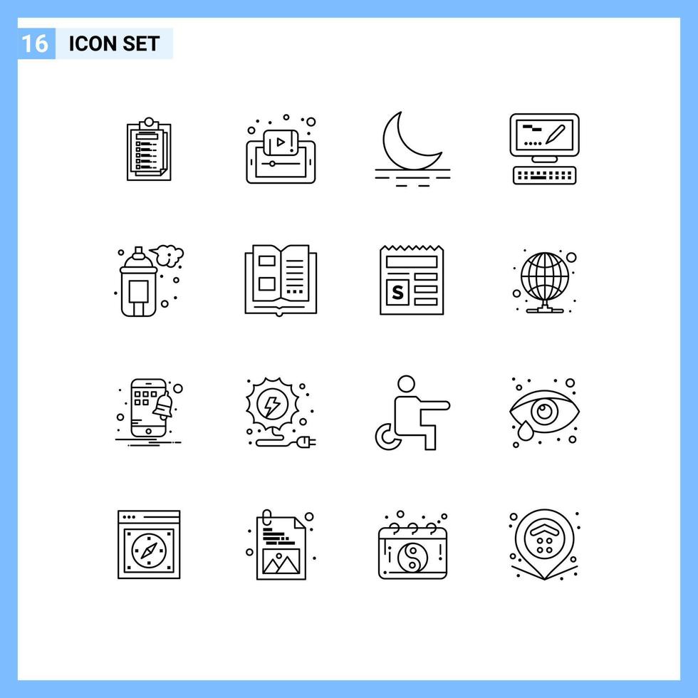 Set of 16 Vector Outlines on Grid for art markiting smartphone keyboard weather Editable Vector Design Elements