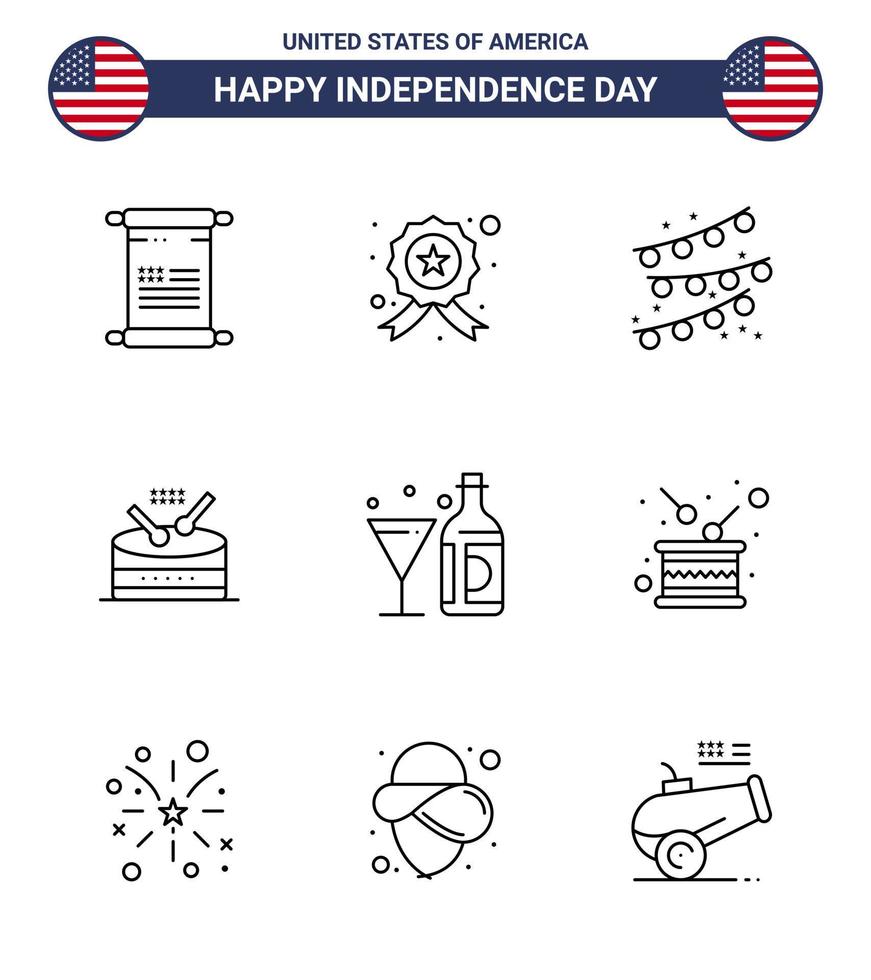 Modern Set of 9 Lines and symbols on USA Independence Day such as american drink buntings parade instrument Editable USA Day Vector Design Elements