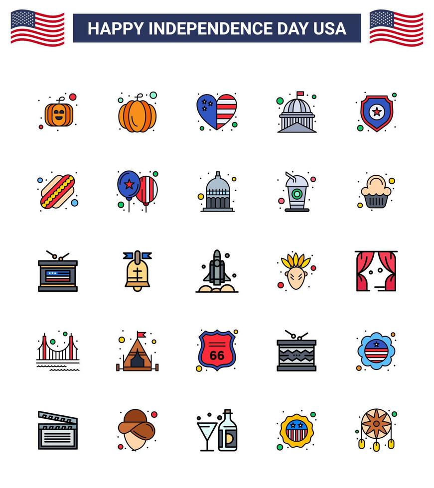 USA Happy Independence DayPictogram Set of 25 Simple Flat Filled Lines of hotdog sign house star shield Editable USA Day Vector Design Elements