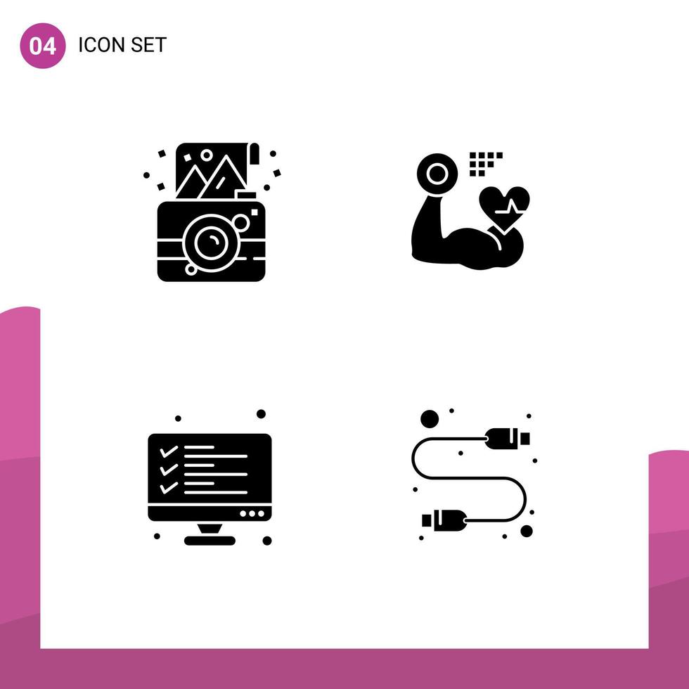 Mobile Interface Solid Glyph Set of 4 Pictograms of birthday checklist photo muscle data Editable Vector Design Elements
