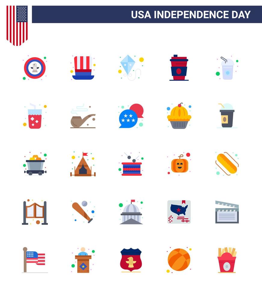 Pack of 25 USA Independence Day Celebration Flats Signs and 4th July Symbols such as cola usa usa juice alcohol Editable USA Day Vector Design Elements