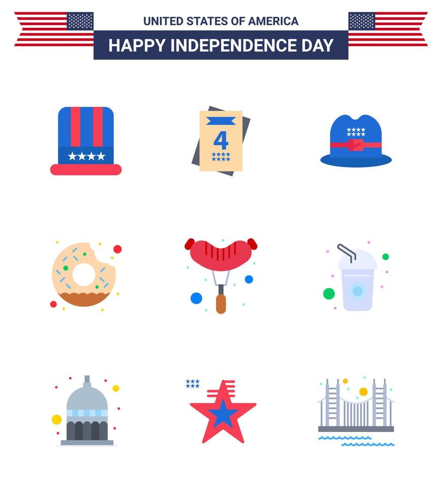 9 Flat Signs for USA Independence Day bottle frankfurter cap food yummy Editable USA Day Vector Design Elements