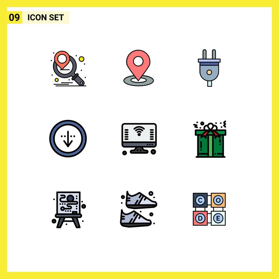 Modern Set of 9 Filledline Flat Colors Pictograph of internet interface plug import down Editable Vector Design Elements