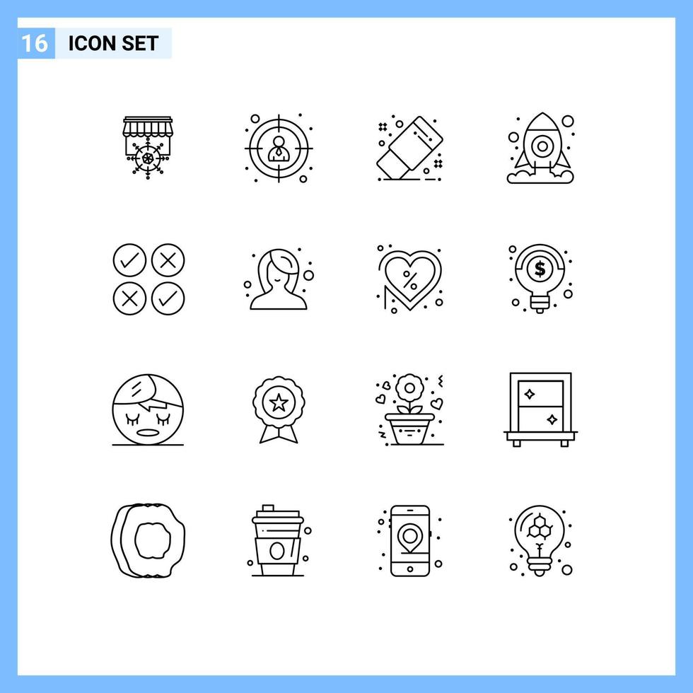 Stock Vector Icon Pack of 16 Line Signs and Symbols for tick cross eraser creative shuttle Editable Vector Design Elements