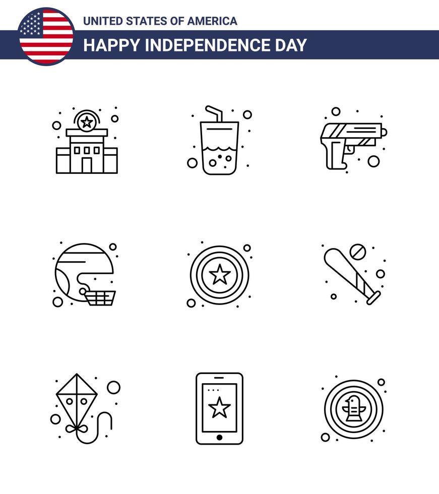 Pack of 9 USA Independence Day Celebration Lines Signs and 4th July Symbols such as united sport gun helmet american Editable USA Day Vector Design Elements