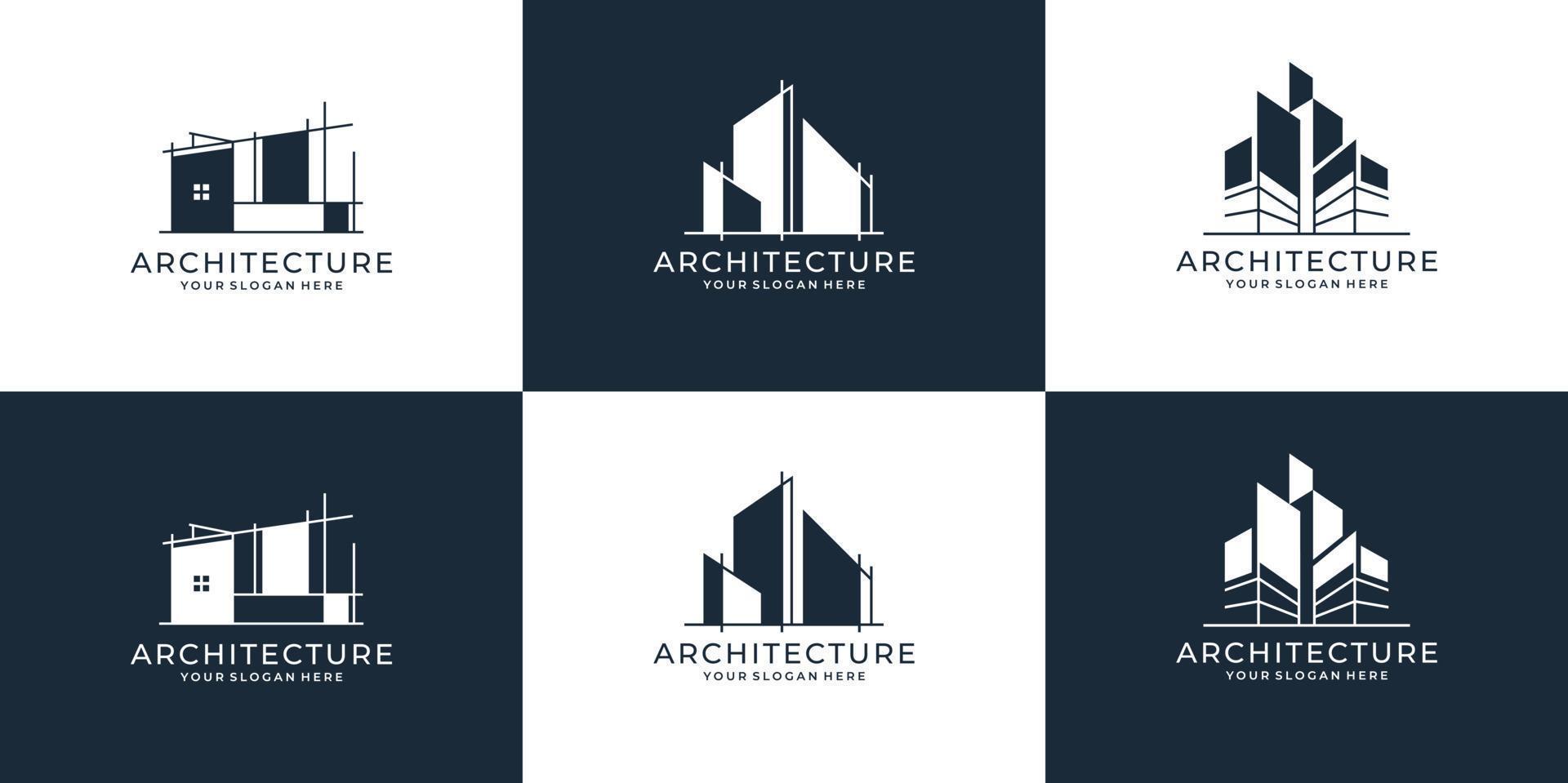 conjunto de colección de conjuntos de arquitectura de construcción, bienes raíces, urbano, arquitectura, paquete, símbolos de diseño de logotipo de ilustración vectorial. vector premium