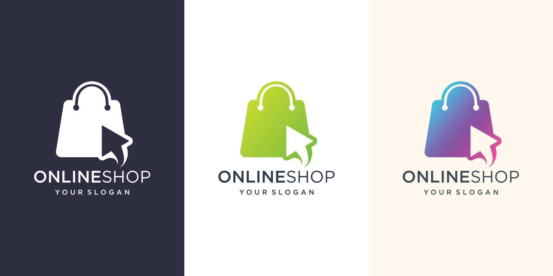 Online shop logo design inspiration.modern logo bag,online,easy click. vector design illustration template. Premium Vector