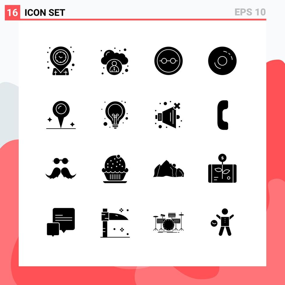 Pack of 16 Modern Solid Glyphs Signs and Symbols for Web Print Media such as map food frame donuts bagels Editable Vector Design Elements