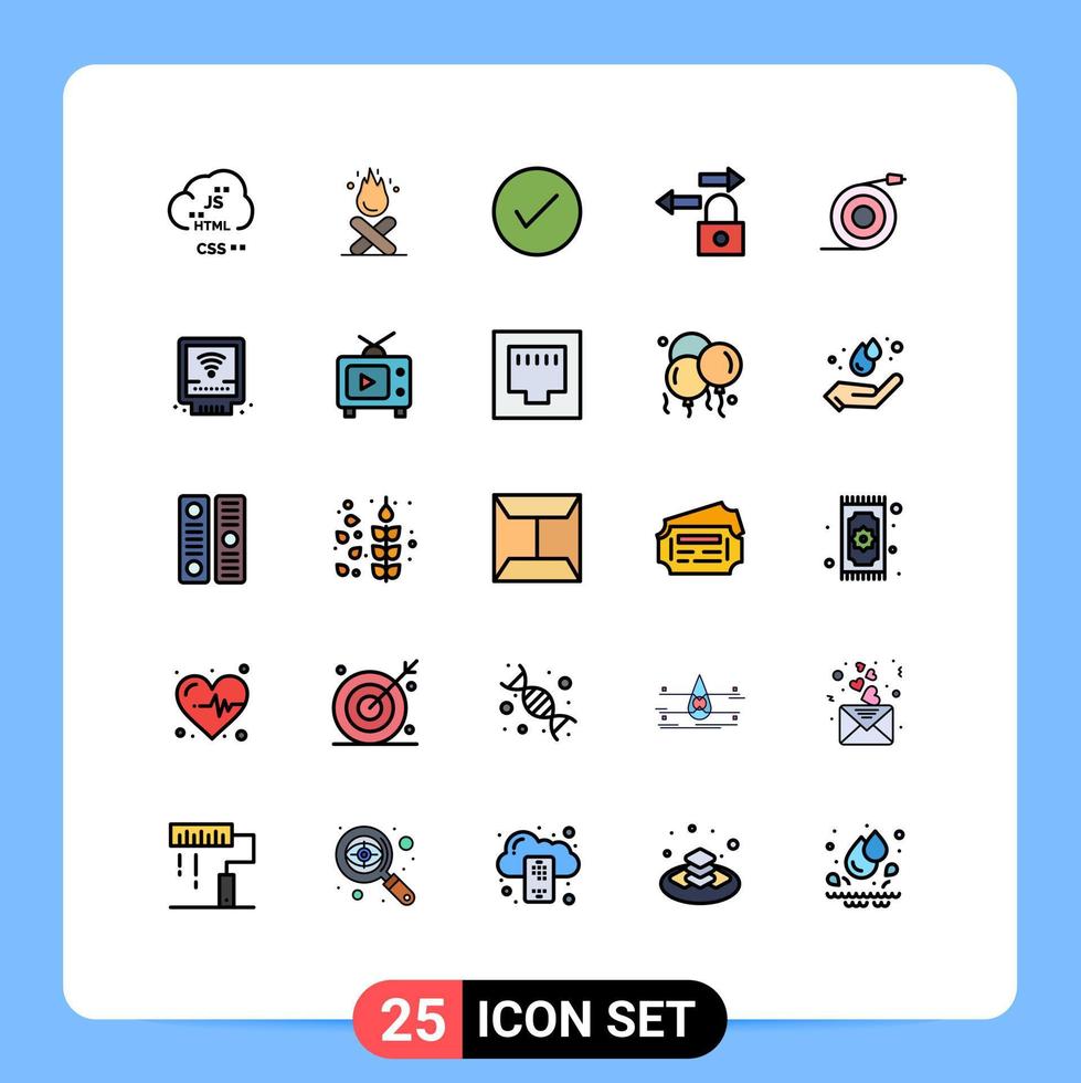 Stock Vector Icon Pack of 25 Line Signs and Symbols for curved lock fire data okay Editable Vector Design Elements
