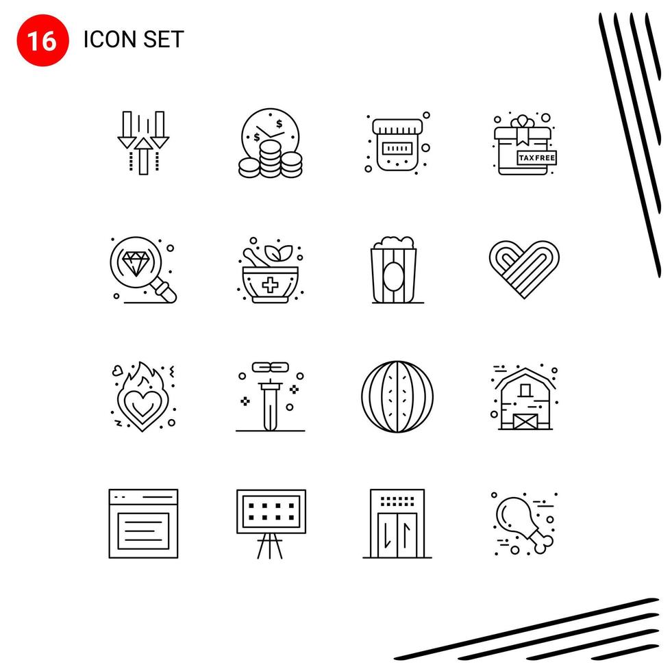 Pack of 16 Modern Outlines Signs and Symbols for Web Print Media such as research diamond time present free Editable Vector Design Elements