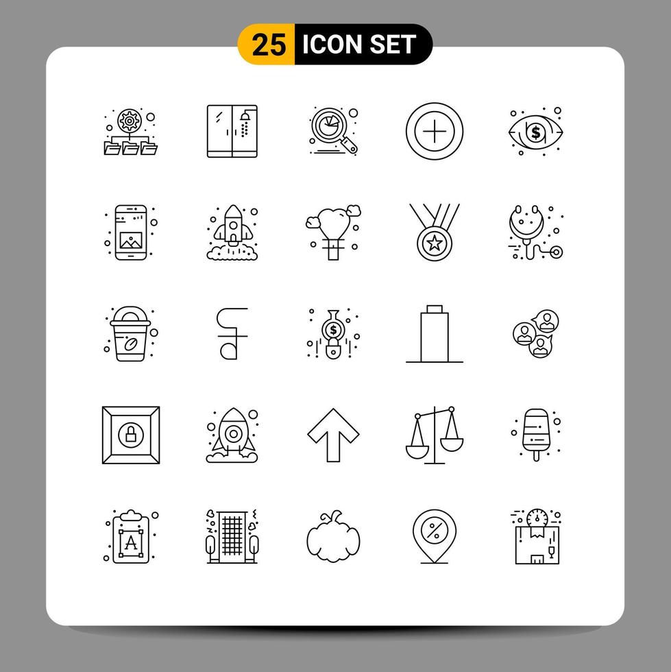 Pack of 25 creative Lines of app eye data dollar money Editable Vector Design Elements