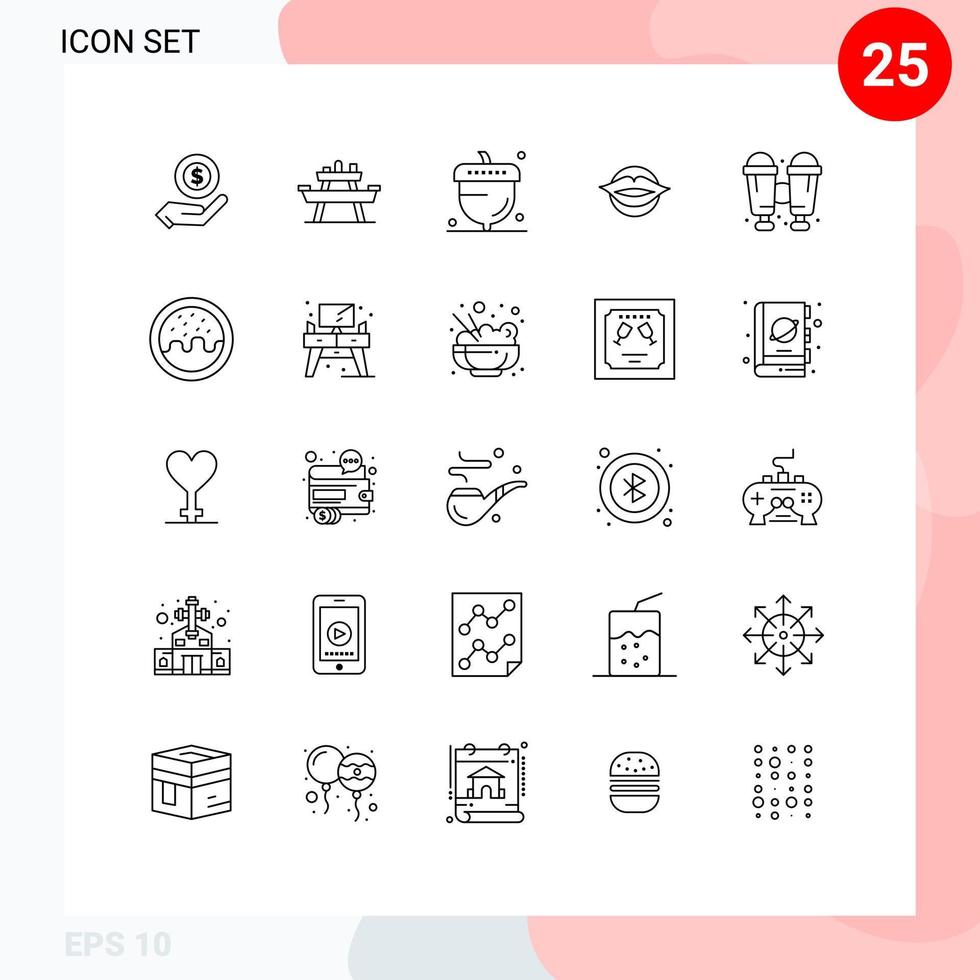 Mobile Interface Line Set of 25 Pictograms of face mouth picnic lips oak Editable Vector Design Elements