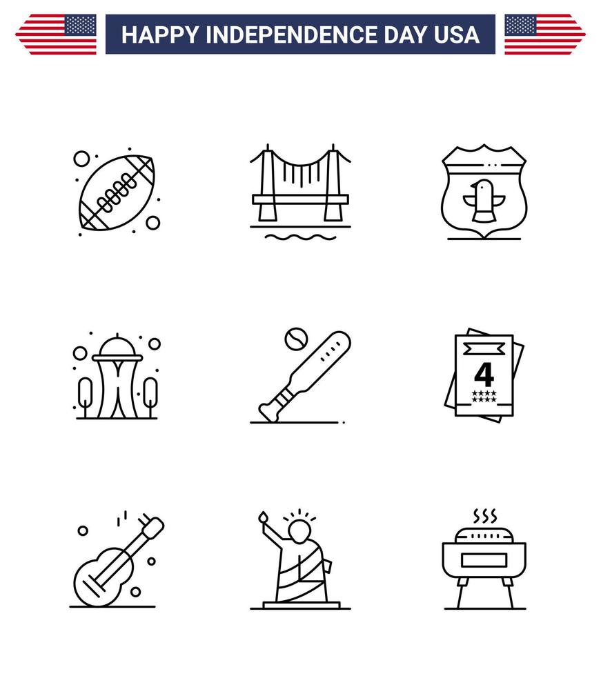 Big Pack of 9 USA Happy Independence Day USA Vector Lines and Editable Symbols of baseball space sheild needle building Editable USA Day Vector Design Elements