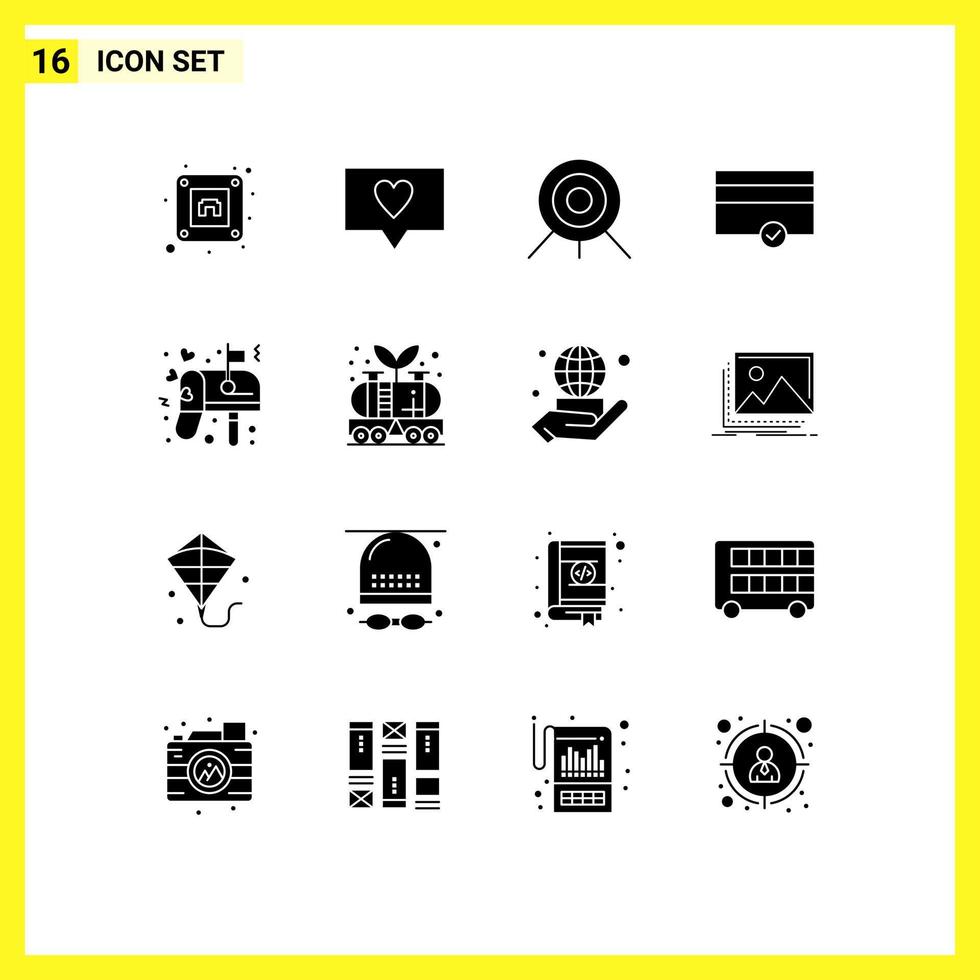 Set of 16 Vector Solid Glyphs on Grid for industry mail target love box Editable Vector Design Elements