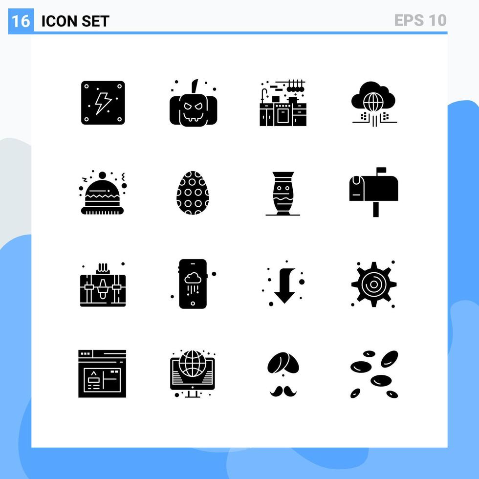 conjunto moderno de 16 glifos y símbolos sólidos como elementos de diseño de vectores editables de tecnología de sombrero de juego de cocina de pascua santa