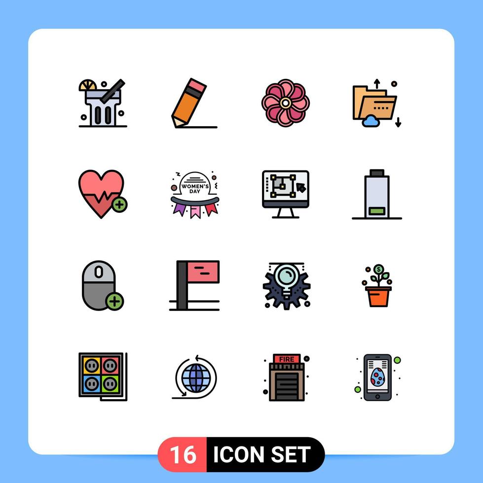 Set of 16 Commercial Flat Color Filled Lines pack for heart beat storage nature multimedia data Editable Creative Vector Design Elements
