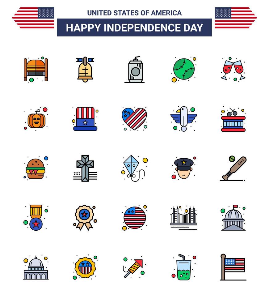 Pack of 25 creative USA Independence Day related Flat Filled Lines of beer states usa baseball usa Editable USA Day Vector Design Elements