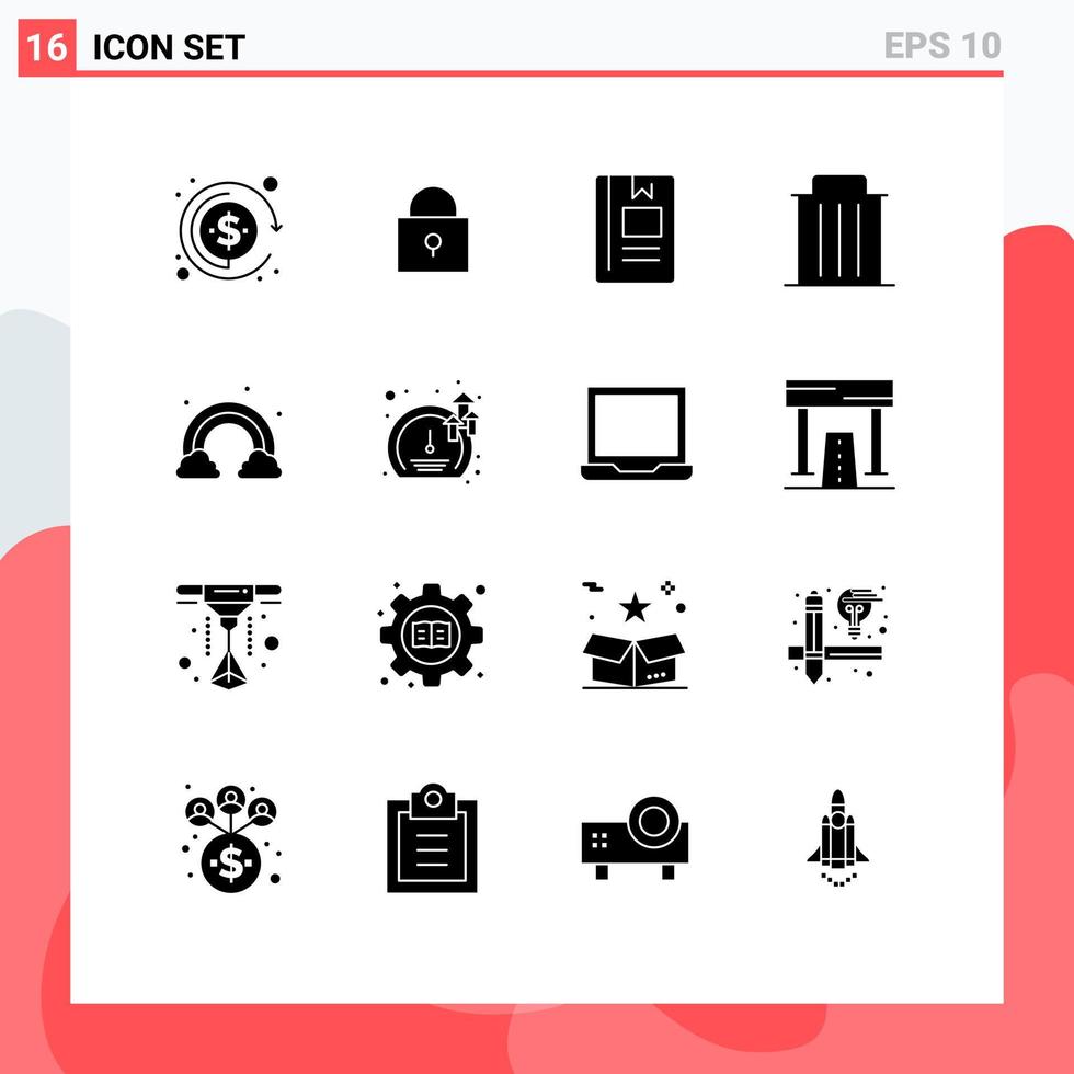 16 Universal Solid Glyphs Set for Web and Mobile Applications rainbow trash knowledge remove garbage Editable Vector Design Elements