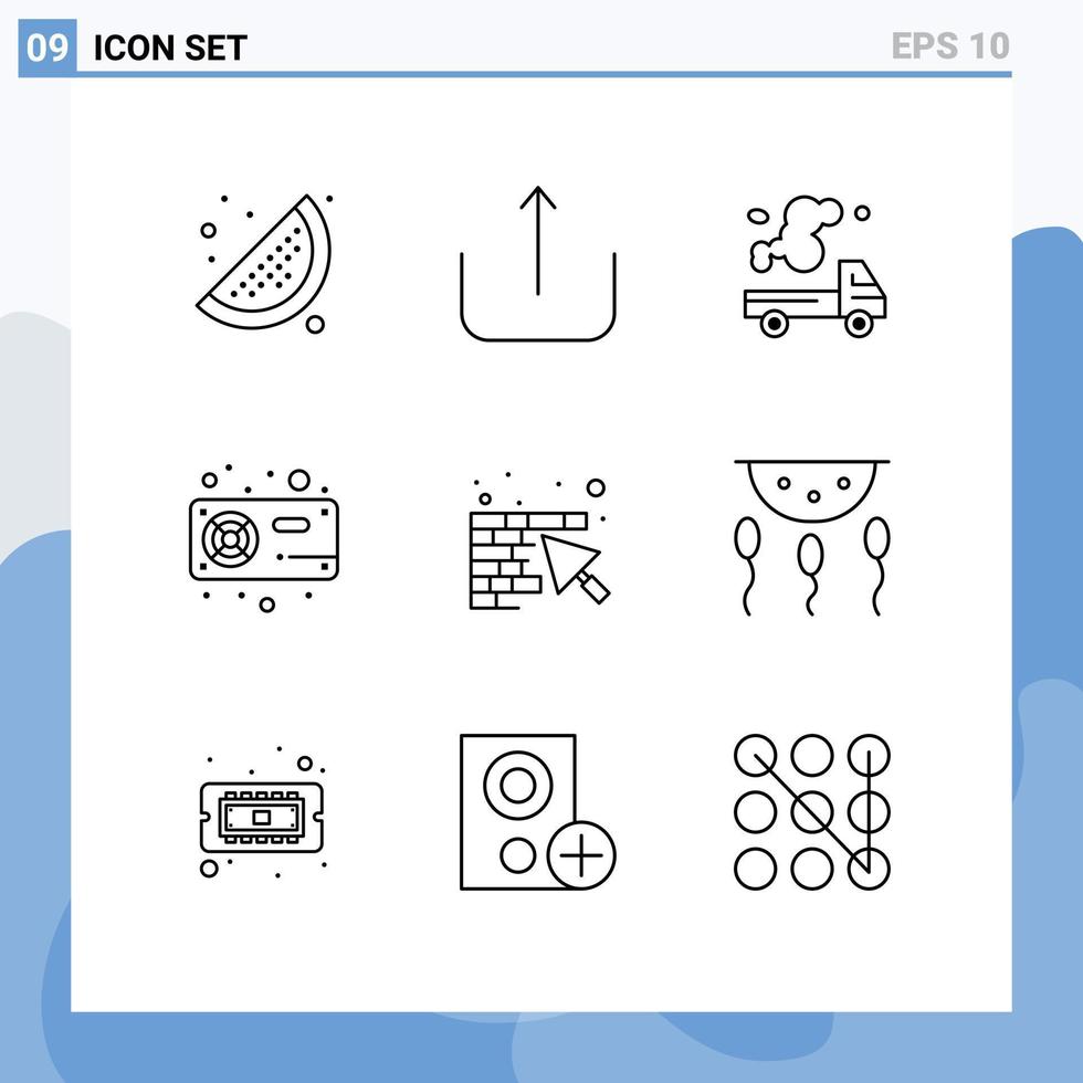 Pictogram Set of 9 Simple Outlines of construction vga emission radiator fan Editable Vector Design Elements