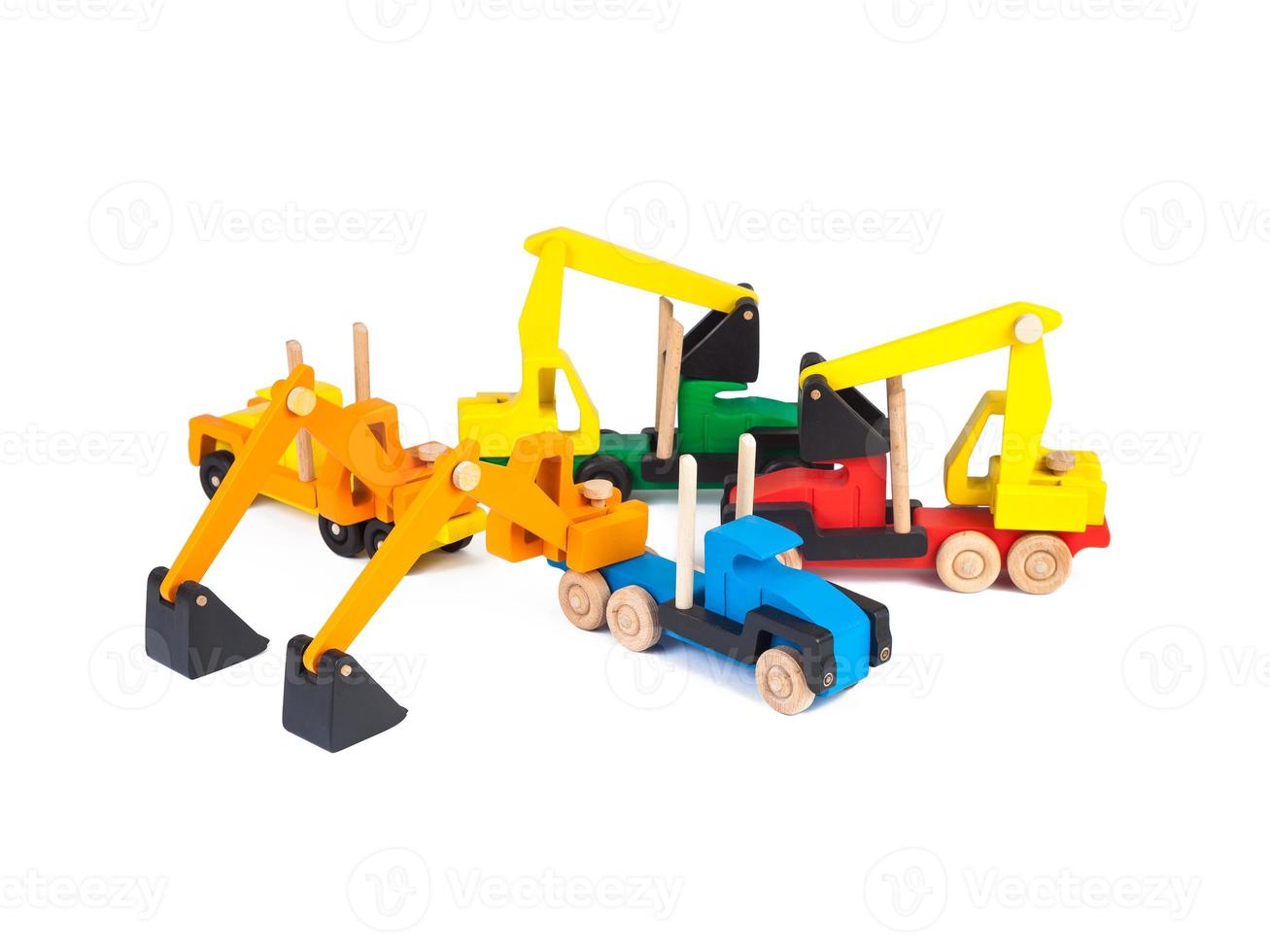 Photo of a wooden car truck  excavator made of beech in different colors on a white isolated background