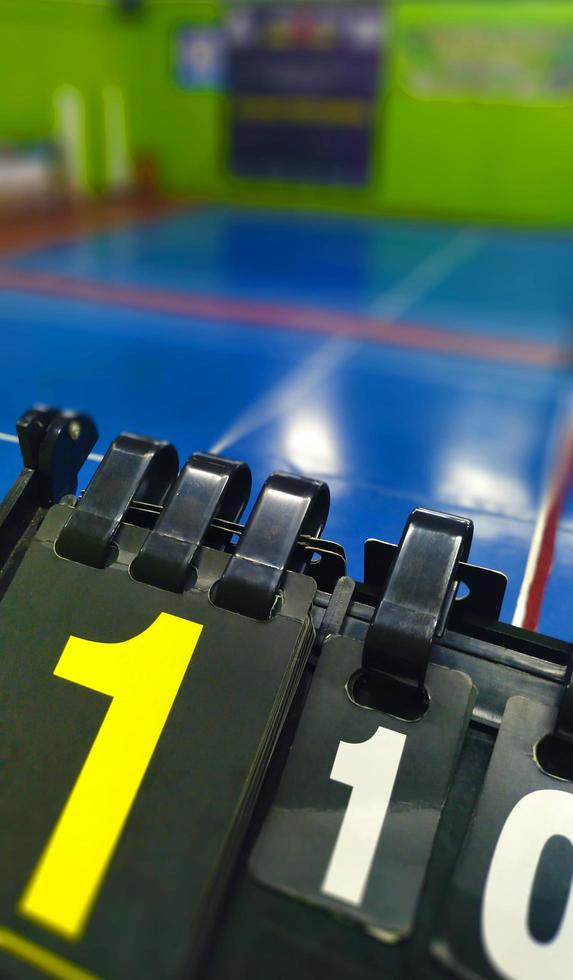 The scoreboard on the badminton court with a score of 1 equals photo