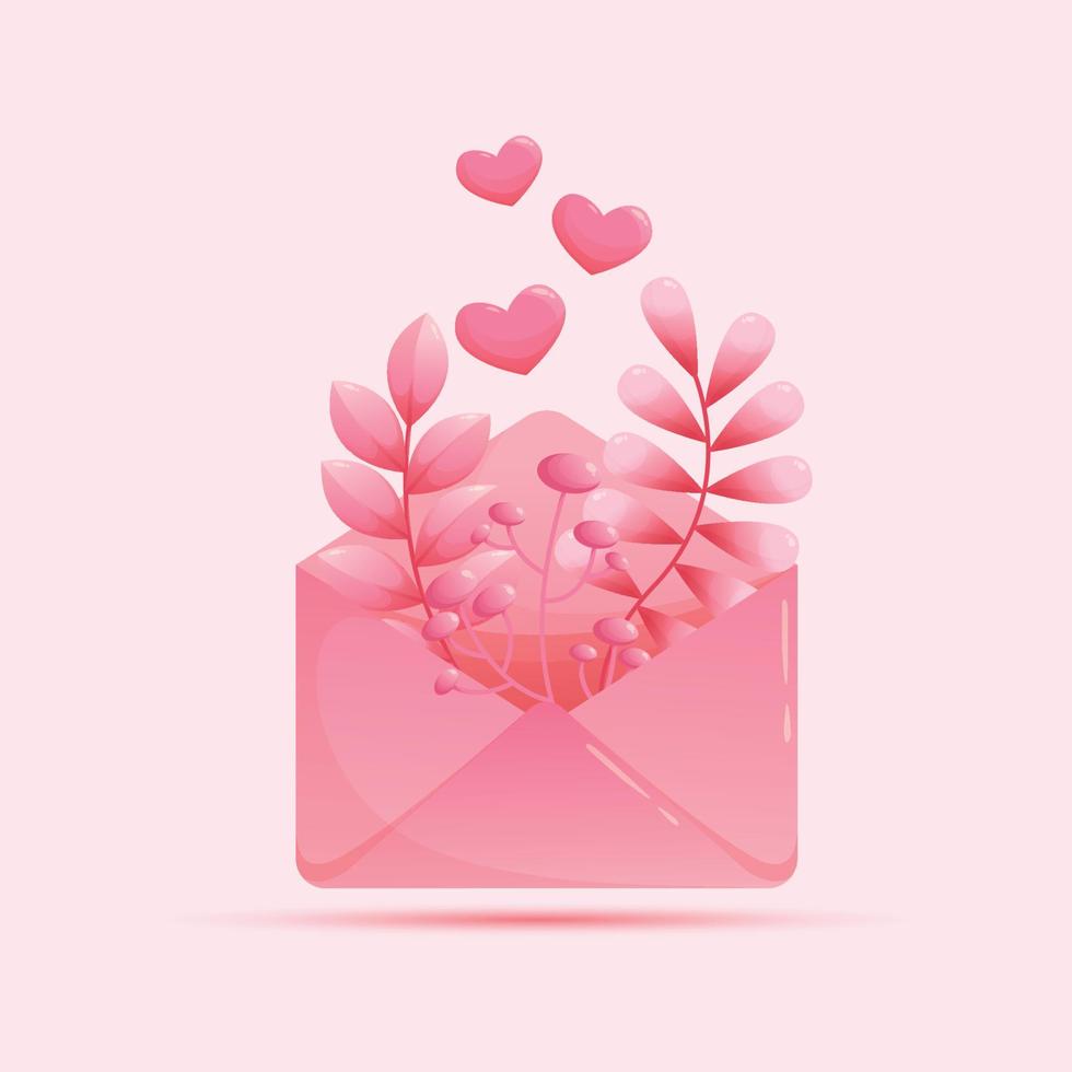 Happy Valentine's day. Pink paper envelope with floral leaves and heart. Cartoon mail envelope design. Holiday background. Vector illustration