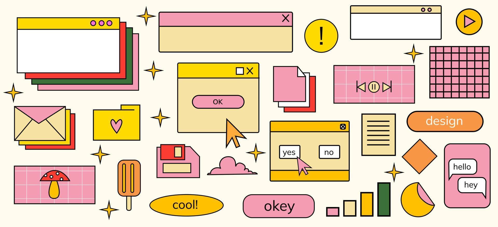 Old pc windows set in the vaporwave style 90s. Game Old pc aesthetic. Retro user interface.Retro game elements. 1990 vibes. Retro computer aesthetic vector