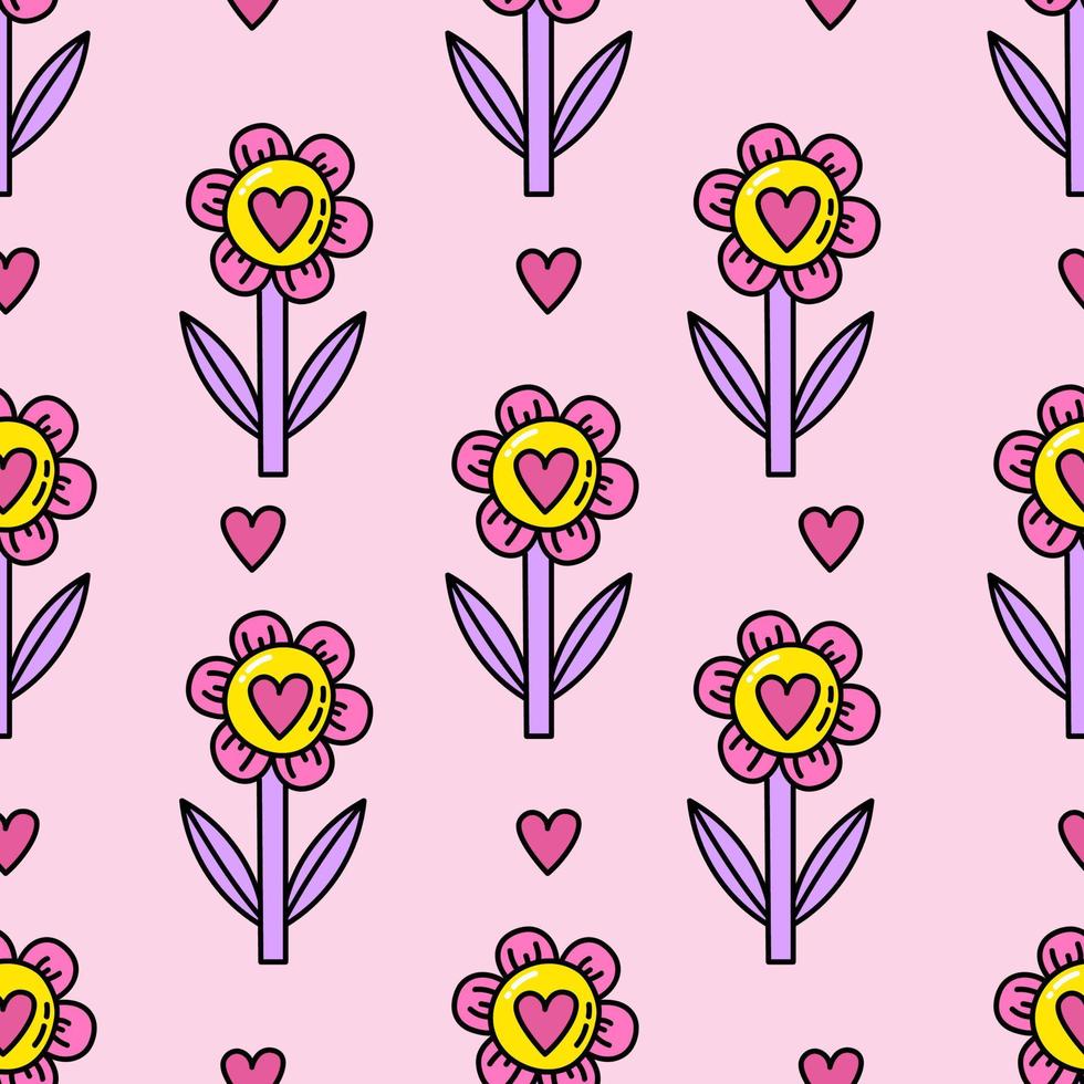 Pink seamless pattern with flowers and hearts. Doodle heart wrapping paper for Valentine's Day. Romantic seamless background for holiday decor. Cute doodle illustration. Love and romantic concept vector