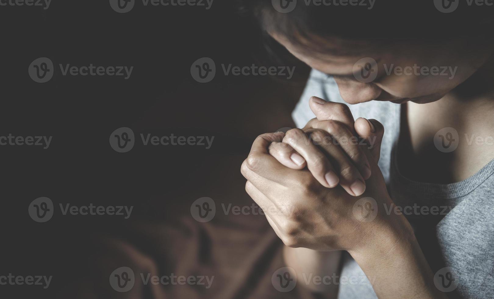 Woman praying in the morning. Christianity concept. Pray background. Faith hope love concept. photo