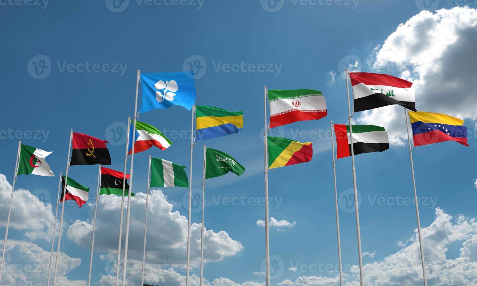 Group country national opec plus flag waving blue sky cloudy business economy energy power petroleum diesel gasoline fuel chemical financial market import export industry government arab.3d render photo