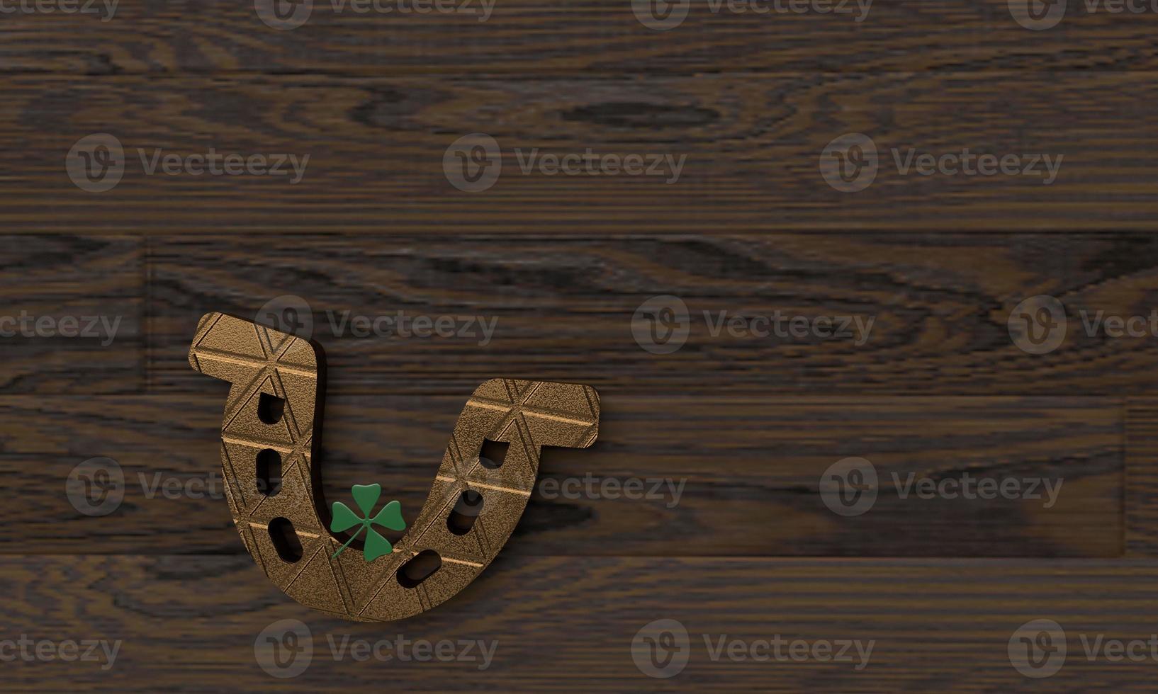 Horseshoe leaf plant floral natural green color symbol decoration ornament march lucky st saint patrick day leprechaun irish shamrock wooden oak background copy space celebration festival.3d render photo