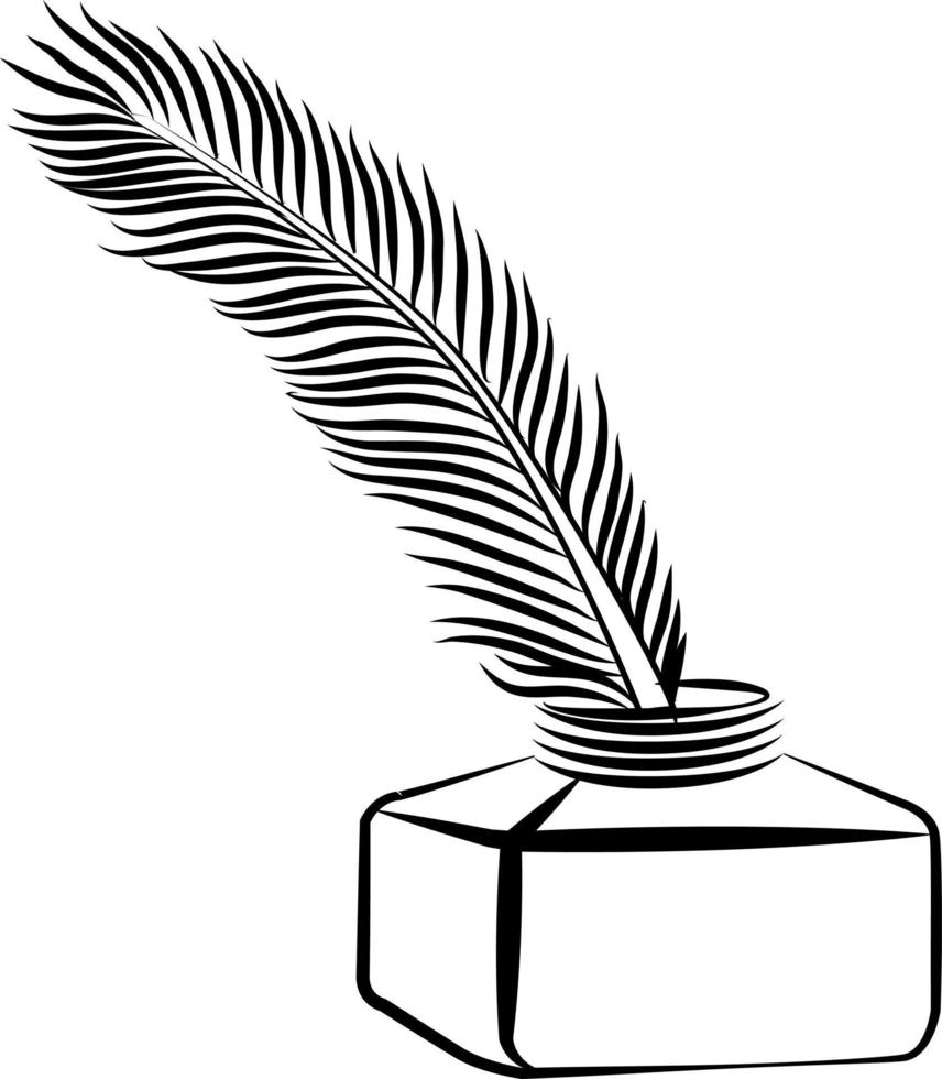 A feather quill ink writing pen and inkwell in a doodle style woodblock line art vector illustrator drawing